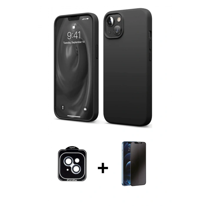 MARSİLYAN™- iPhone 14 Kılıf Kozmos Yansıma Özel Seri - Siyah 3D Antistatik Hayalet Cam Ekran Koruyucu + PVD Metal Kamera Lens - MI