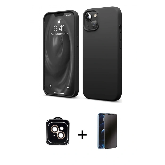 MARSİLYAN™- iPhone 14 Kılıf Kozmos Yansıma Özel Seri - Siyah 3D Antistatik Hayalet Cam Ekran Koruyucu + PVD Metal Kamera Lens - TU