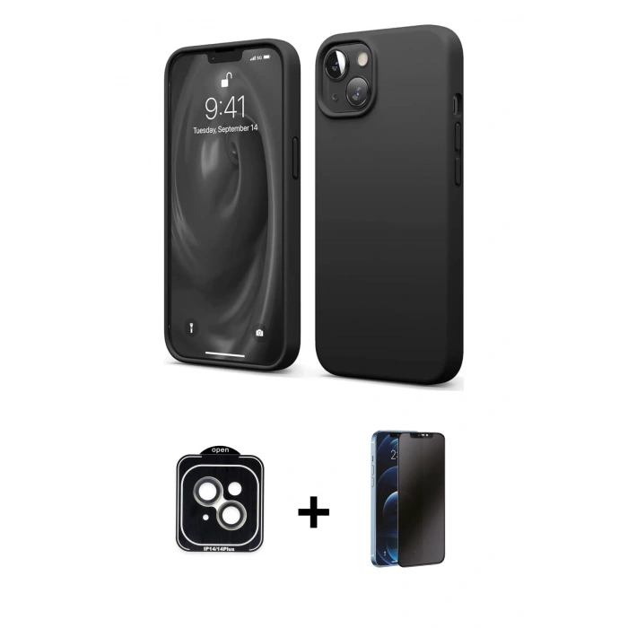 MARSİLYAN™- iPhone 14 Kılıf Kozmos Yansıma Özel Seri - Siyah 3D Antistatik Hayalet Cam Ekran Koruyucu + PVD Metal Kamera Lens - YL