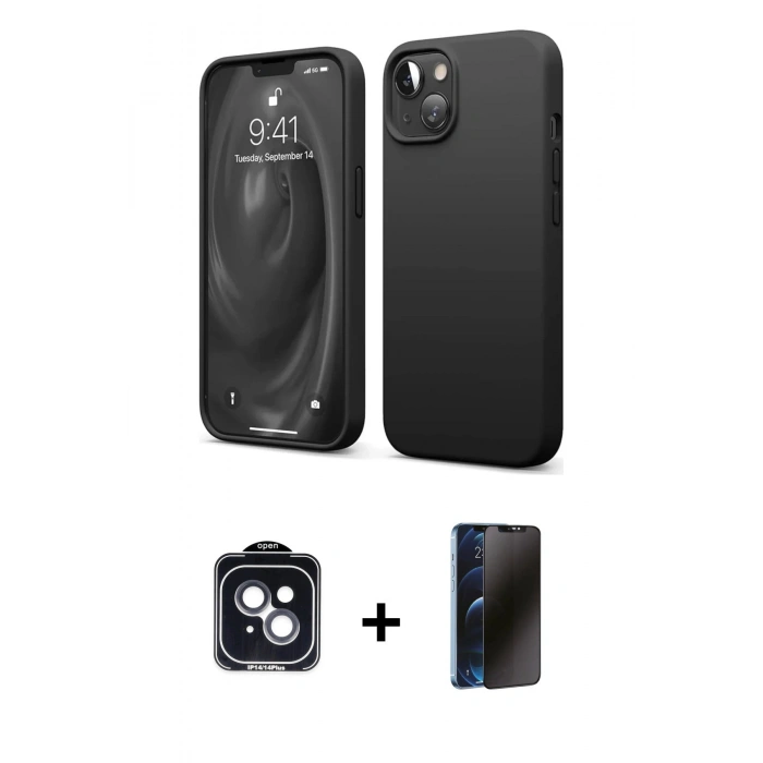 MARSİLYAN™- iPhone 14 Kılıf Kozmos Yansıma Özel Seri - Siyah 3D Antistatik Hayalet Cam Ekran Koruyucu + PVD Metal Kamera Lens - SH