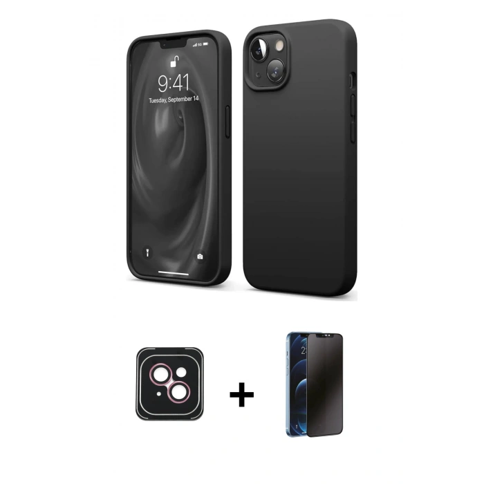 MARSİLYAN™- iPhone 14 Kılıf Kozmos Yansıma Özel Seri - Siyah 3D Antistatik Hayalet Cam Ekran Koruyucu + PVD Metal Kamera Lens - PE