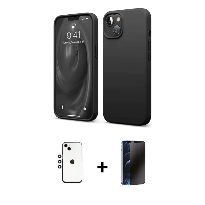 MARSİLYAN™- iPhone 14 Kılıf Kozmos Yansıma Özel Seri - Siyah 3D Antistatik Hayalet Cam Ekran Koruyucu + Shine Kamera Lens - GS