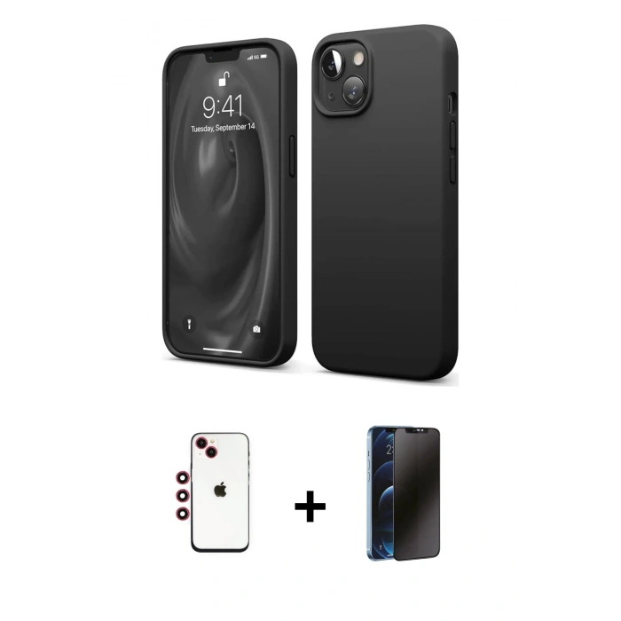 MARSİLYAN™- iPhone 14 Kılıf Kozmos Yansıma Özel Seri - Siyah 3D Antistatik Hayalet Cam Ekran Koruyucu + Shine Kamera Lens - KI