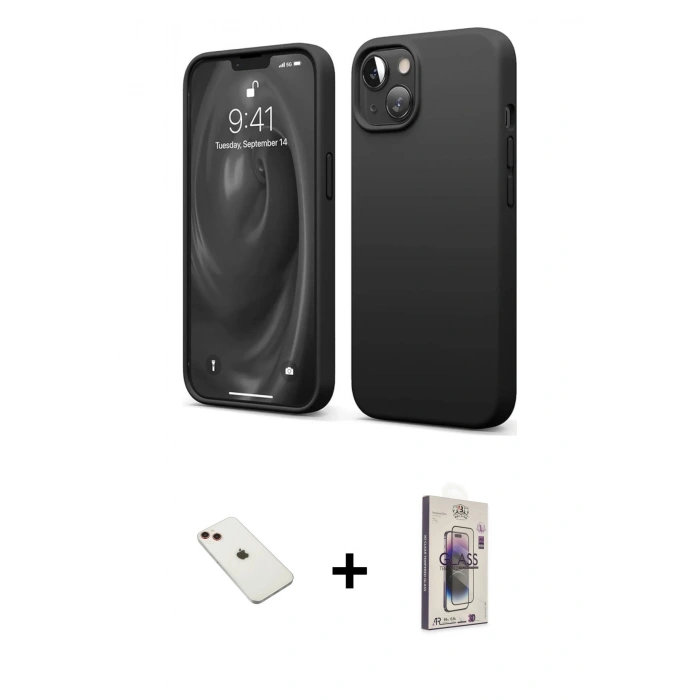 MARSİLYAN™- iPhone 14 Kılıf Kozmos Yansıma Özel Seri - Siyah Bilvis 3D Cam Ekran Koruyucu + Diamond Kamera Lens - KI