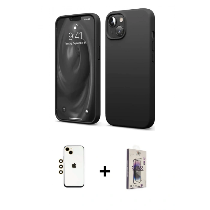 MARSİLYAN™- iPhone 14 Kılıf Kozmos Yansıma Özel Seri - Siyah Bilvis 3D Cam Ekran Koruyucu + Shine Kamera Lens - GD