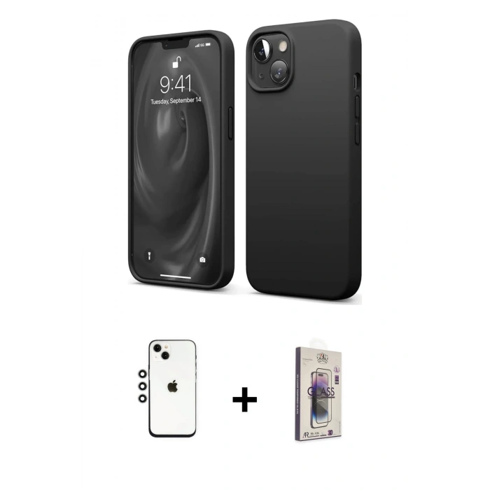 MARSİLYAN™- iPhone 14 Kılıf Kozmos Yansıma Özel Seri - Siyah Bilvis 3D Cam Ekran Koruyucu + Shine Kamera Lens - GS