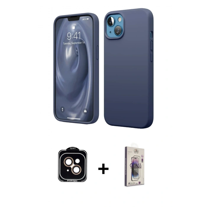 MARSİLYAN™- iPhone 14 Kılıf Kozmos Yansıma Özel Seri - Siyah Bilvis 3D Cam Ekran Koruyucu + PVD Metal Kamera Lens - TU