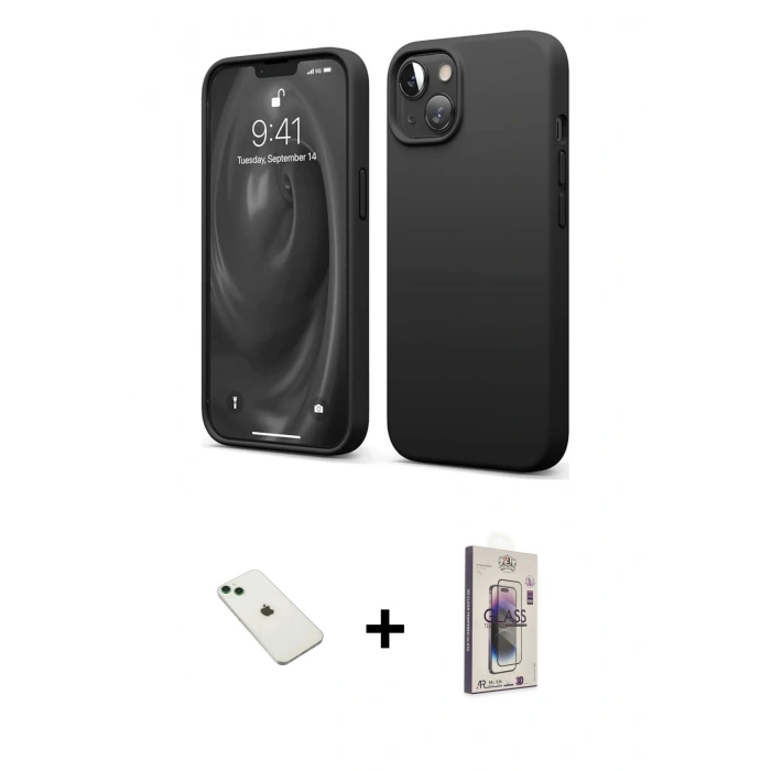 MARSİLYAN™- iPhone 14 Kılıf Kozmos Yansıma Özel Seri - Siyah Bilvis 3D Cam Ekran Koruyucu + Diamond Kamera Lens - YL