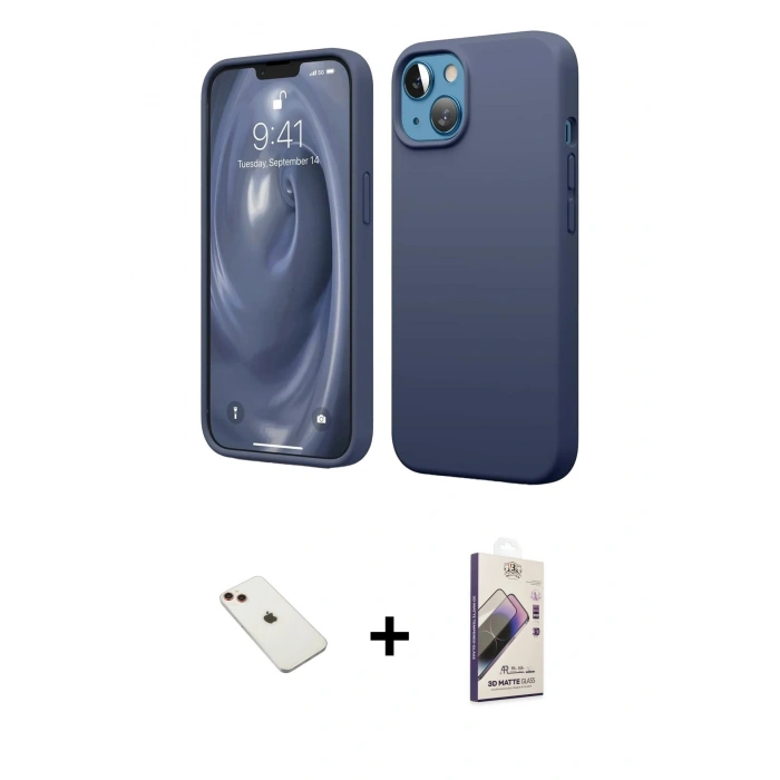MARSİLYAN™- iPhone 14 Kılıf Kozmos Yansıma Özel Seri - Siyah Bilvis 3D Mat Cam Ekran Koruyucu + Diamond Kamera Lens - KI