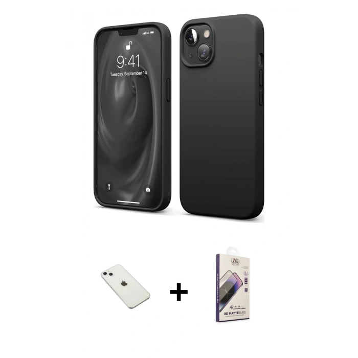 MARSİLYAN™- iPhone 14 Kılıf Kozmos Yansıma Özel Seri - Siyah Bilvis 3D Mat Cam Ekran Koruyucu + Diamond Kamera Lens - SABE