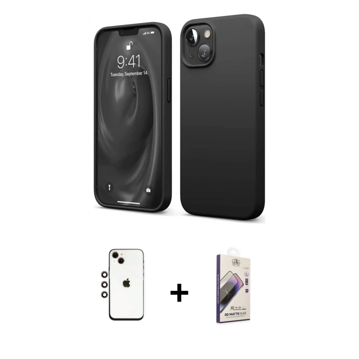 MARSİLYAN™- iPhone 14 Kılıf Kozmos Yansıma Özel Seri - Siyah Bilvis 3D Mat Cam Ekran Koruyucu + Shine Kamera Lens - GI