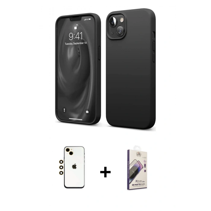 MARSİLYAN™- iPhone 14 Kılıf Kozmos Yansıma Özel Seri - Siyah Bilvis 3D Mat Cam Ekran Koruyucu + Shine Kamera Lens - GD