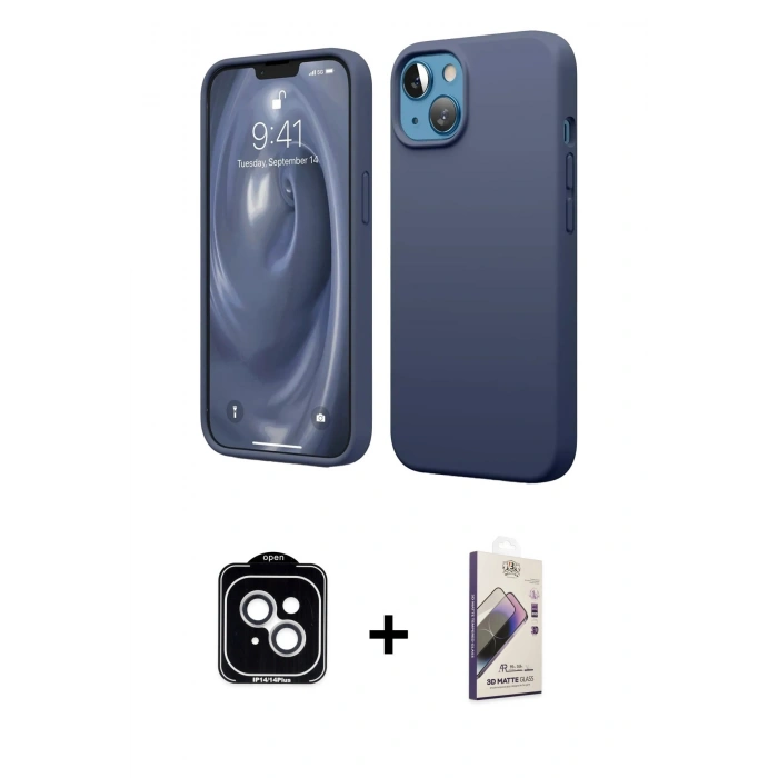 MARSİLYAN™- iPhone 14 Kılıf Kozmos Yansıma Özel Seri - Siyah Bilvis 3D Mat Cam Ekran Koruyucu + PVD Metal Kamera Lens - GS