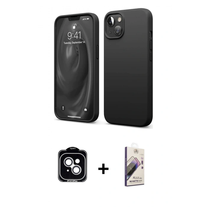 MARSİLYAN™- iPhone 14 Kılıf Kozmos Yansıma Özel Seri - Siyah Bilvis 3D Mat Cam Ekran Koruyucu + PVD Metal Kamera Lens - GS