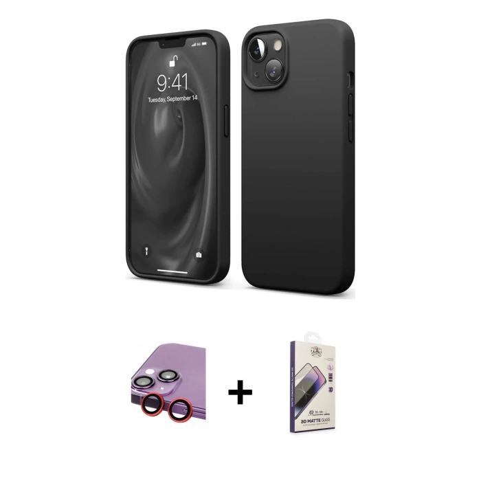 MARSİLYAN™- iPhone 14 Kılıf Kozmos Yansıma Özel Seri - Siyah Bilvis 3D Mat Cam Ekran Koruyucu + Raze Metal Kamera Lens - KI