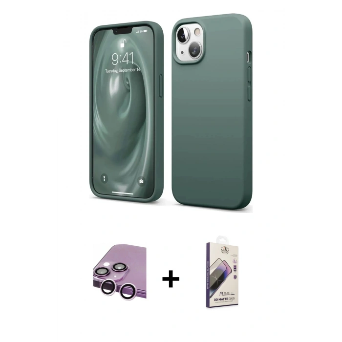 MARSİLYAN™- iPhone 14 Kılıf Kozmos Yansıma Özel Seri - Siyah Bilvis 3D Mat Cam Ekran Koruyucu + Mor Raze Metal Kamera Lens