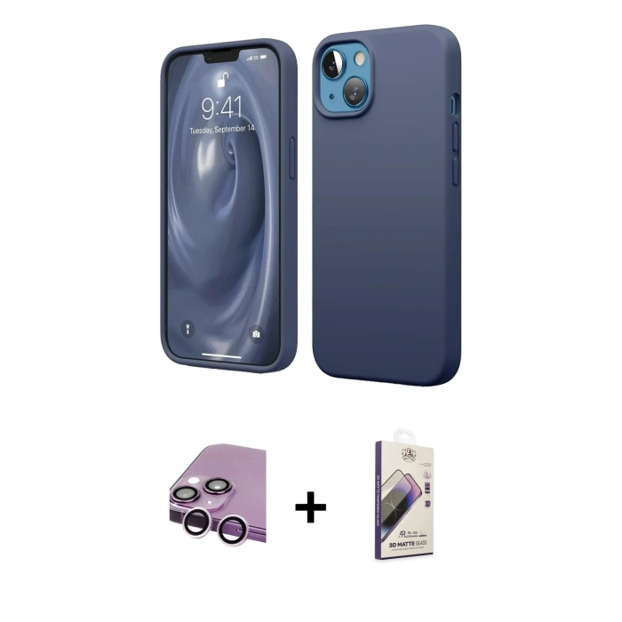 MARSİLYAN™- iPhone 14 Kılıf Kozmos Yansıma Özel Seri - Siyah Bilvis 3D Mat Cam Ekran Koruyucu + Mor Raze Metal Kamera Lens