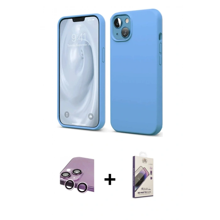 MARSİLYAN™- iPhone 14 Kılıf Kozmos Yansıma Özel Seri - Siyah Bilvis 3D Mat Cam Ekran Koruyucu + Mor Raze Metal Kamera Lens