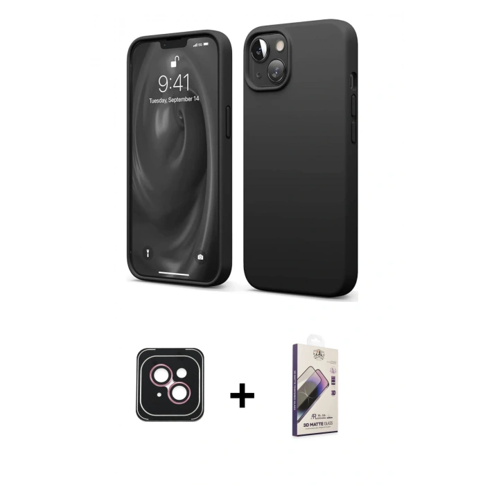 MARSİLYAN™- iPhone 14 Kılıf Kozmos Yansıma Özel Seri - Siyah Bilvis 3D Mat Cam Ekran Koruyucu + PVD Metal Kamera Lens - PE