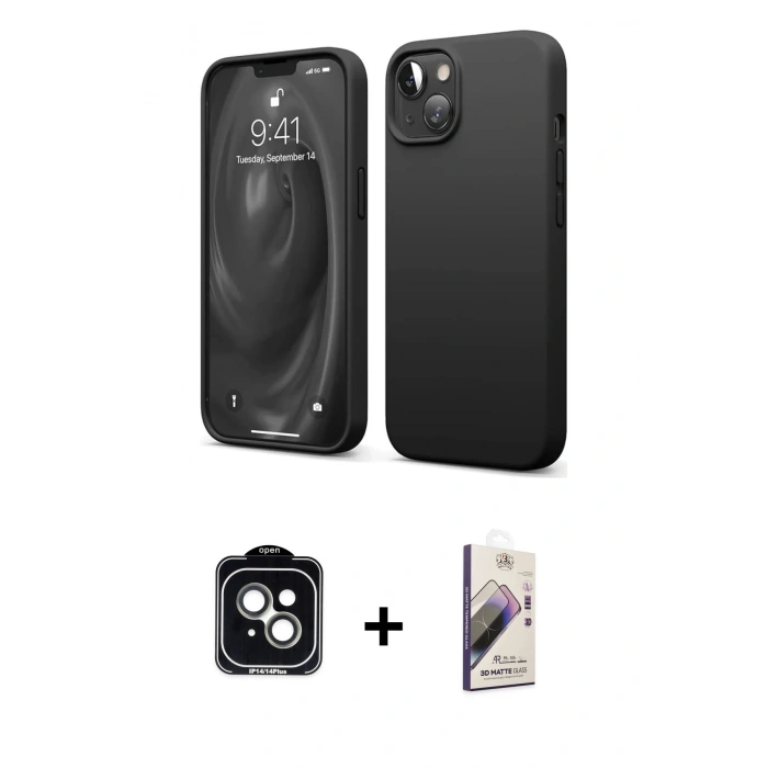 MARSİLYAN™- iPhone 14 Kılıf Kozmos Yansıma Özel Seri - Siyah Bilvis 3D Mat Cam Ekran Koruyucu + PVD Metal Kamera Lens - YL