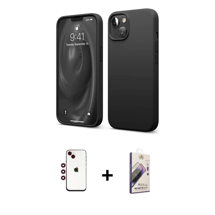 MARSİLYAN™- iPhone 14 Kılıf Kozmos Yansıma Özel Seri - Siyah Bilvis 3D Mat Cam Ekran Koruyucu + Shine Kamera Lens - KI