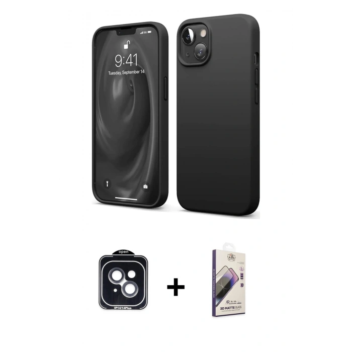 MARSİLYAN™- iPhone 14 Kılıf Kozmos Yansıma Özel Seri - Siyah Bilvis 3D Mat Cam Ekran Koruyucu + PVD Metal Kamera Lens - SH