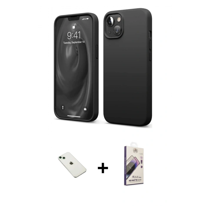 MARSİLYAN™- iPhone 14 Kılıf Kozmos Yansıma Özel Seri - Siyah Bilvis 3D Mat Cam Ekran Koruyucu + Diamond Kamera Lens - YL