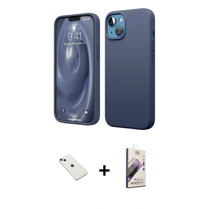 MARSİLYAN™- iPhone 14 Kılıf Kozmos Yansıma Özel Seri - Siyah Bilvis 3D Mat Cam Ekran Koruyucu + Diamond Kamera Lens - YL