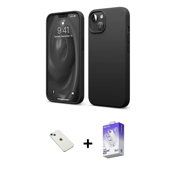 MARSİLYAN™- iPhone 14 Kılıf Kozmos Yansıma Özel Seri - Siyah Bilvis 5in1 3D Magic Cam Ekran Koruyucu + Diamond Kamera Lens - YL