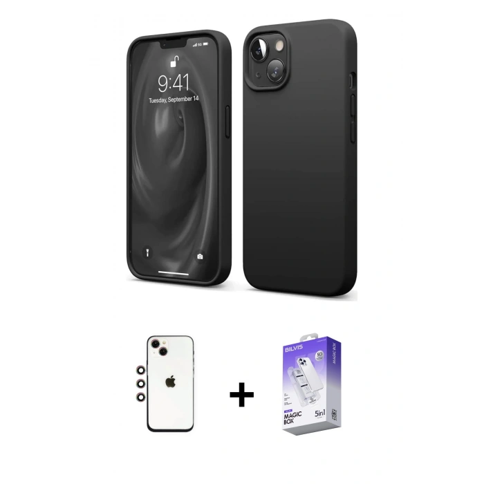 MARSİLYAN™- iPhone 14 Kılıf Kozmos Yansıma Özel Seri - Siyah Bilvis 5in1 3D Magic Cam Ekran Koruyucu + Gökkuşağı Shine Kamera Lens