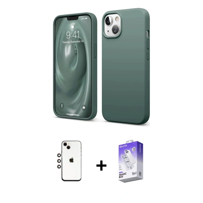 MARSİLYAN™- iPhone 14 Kılıf Kozmos Yansıma Özel Seri - Siyah Bilvis 5in1 3D Magic Cam Ekran Koruyucu + Gökkuşağı Shine Kamera Lens