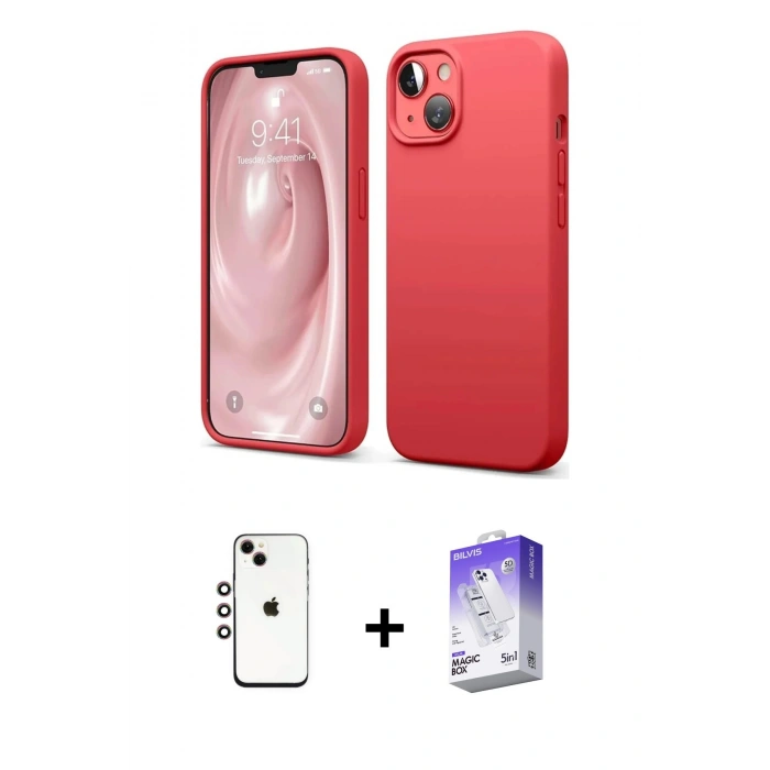 MARSİLYAN™- iPhone 14 Kılıf Kozmos Yansıma Özel Seri - Siyah Bilvis 5in1 3D Magic Cam Ekran Koruyucu + Gökkuşağı Shine Kamera Lens