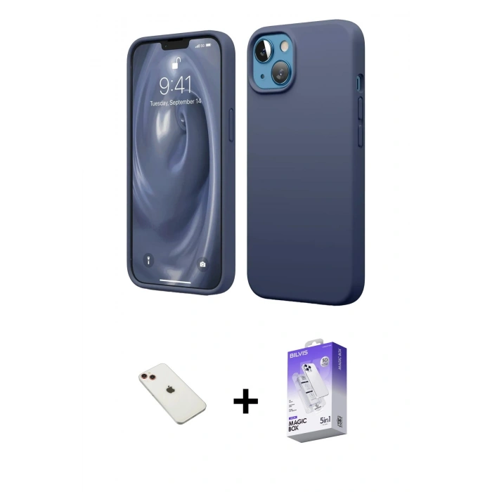 MARSİLYAN™- iPhone 14 Kılıf Kozmos Yansıma Özel Seri - Siyah Bilvis 5in1 3D Magic Cam Ekran Koruyucu + Diamond Kamera Lens - KI