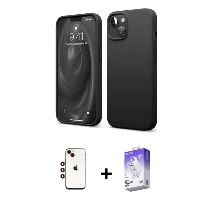 MARSİLYAN™- iPhone 14 Kılıf Kozmos Yansıma Özel Seri - Siyah Bilvis 5in1 3D Magic Cam Ekran Koruyucu + Kırmızı Shine Kamera Lens