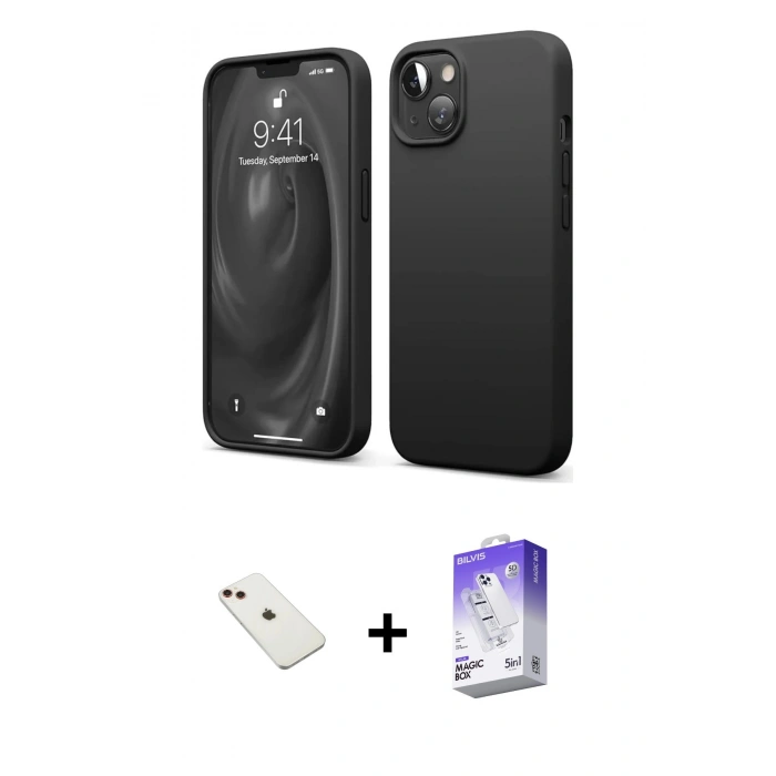 MARSİLYAN™- iPhone 14 Kılıf Kozmos Yansıma Özel Seri - Siyah Bilvis 5in1 3D Magic Cam Ekran Koruyucu + Diamond Kamera Lens - KI