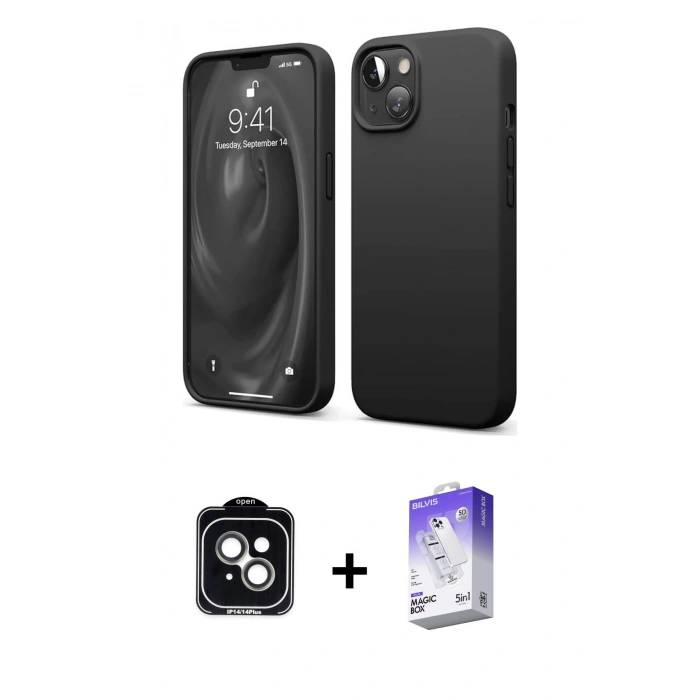 MARSİLYAN™- iPhone 14 Kılıf Kozmos Yansıma Özel Seri - Siyah Bilvis 5in1 3D Magic Cam Ekran Koruyucu + PVD Metal Kamera Lens - YL