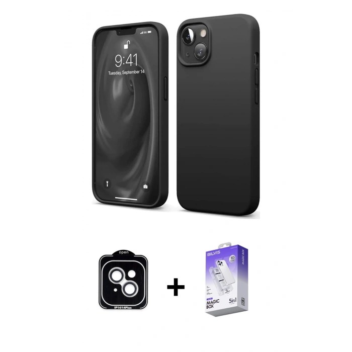 MARSİLYAN™- iPhone 14 Kılıf Kozmos Yansıma Özel Seri - Siyah Bilvis 5in1 3D Magic Cam Ekran Koruyucu + PVD Metal Kamera Lens - GS