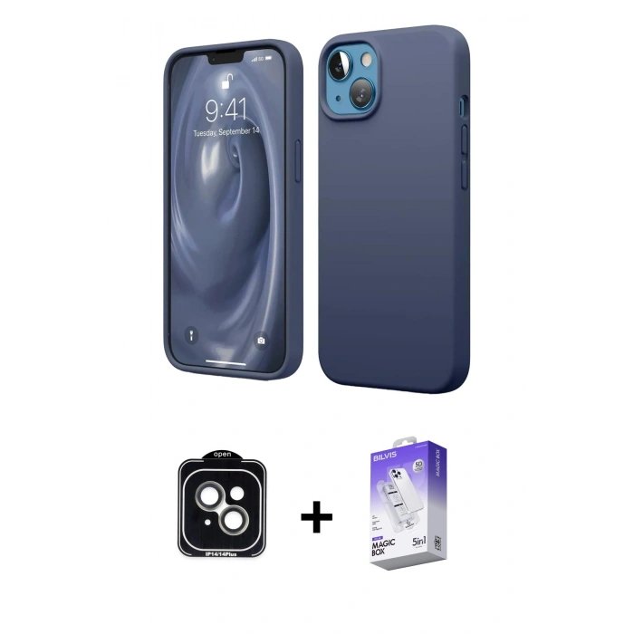 MARSİLYAN™- iPhone 14 Kılıf Kozmos Yansıma Özel Seri - Siyah Bilvis 5in1 3D Magic Cam Ekran Koruyucu + PVD Metal Kamera Lens - YL