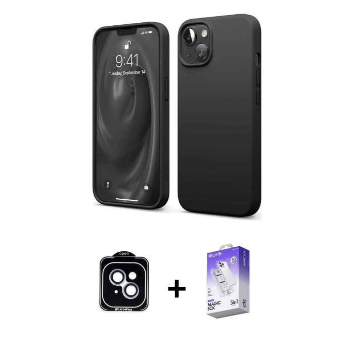 MARSİLYAN™- iPhone 14 Kılıf Kozmos Yansıma Özel Seri - Siyah Bilvis 5in1 3D Magic Cam Ekran Koruyucu + PVD Metal Kamera Lens - MI