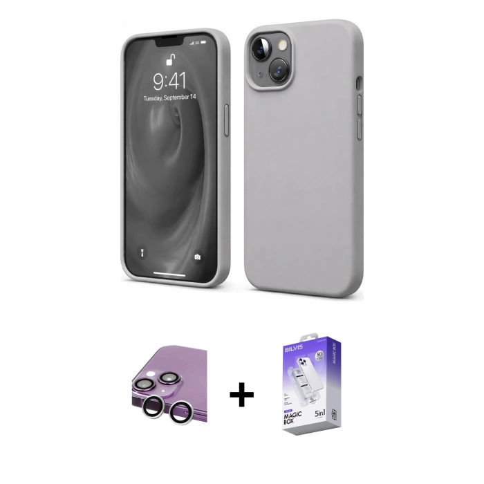 MARSİLYAN™- iPhone 14 Kılıf Kozmos Yansıma Özel Seri - Siyah Bilvis 5in1 3D Magic Cam Ekran Koruyucu + Raze Metal Kamera Lens - GS