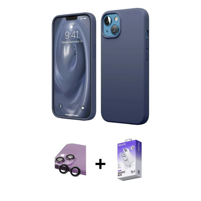 MARSİLYAN™- iPhone 14 Kılıf Kozmos Yansıma Özel Seri - Siyah Bilvis 5in1 3D Magic Cam Ekran Koruyucu + Raze Metal Kamera Lens - SH
