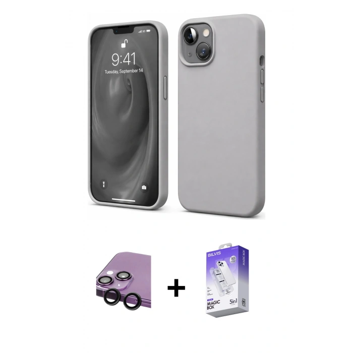 MARSİLYAN™- iPhone 14 Kılıf Kozmos Yansıma Özel Seri - Siyah Bilvis 5in1 3D Magic Cam Ekran Koruyucu + Raze Metal Kamera Lens - SH