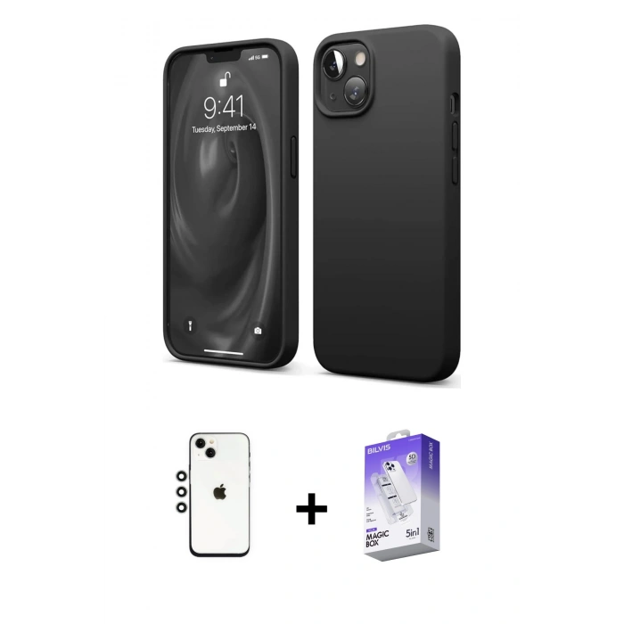 MARSİLYAN™- iPhone 14 Kılıf Kozmos Yansıma Özel Seri - Siyah Bilvis 5in1 3D Magic Cam Ekran Koruyucu + Shine Kamera Lens - GS