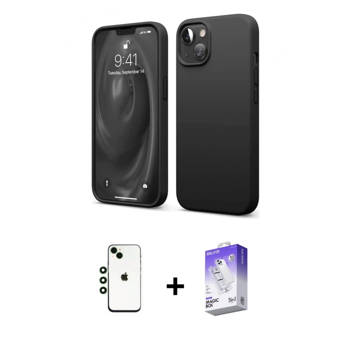 MARSİLYAN™- iPhone 14 Kılıf Kozmos Yansıma Özel Seri - Siyah Bilvis 5in1 3D Magic Cam Ekran Koruyucu + Shine Kamera Lens - YL