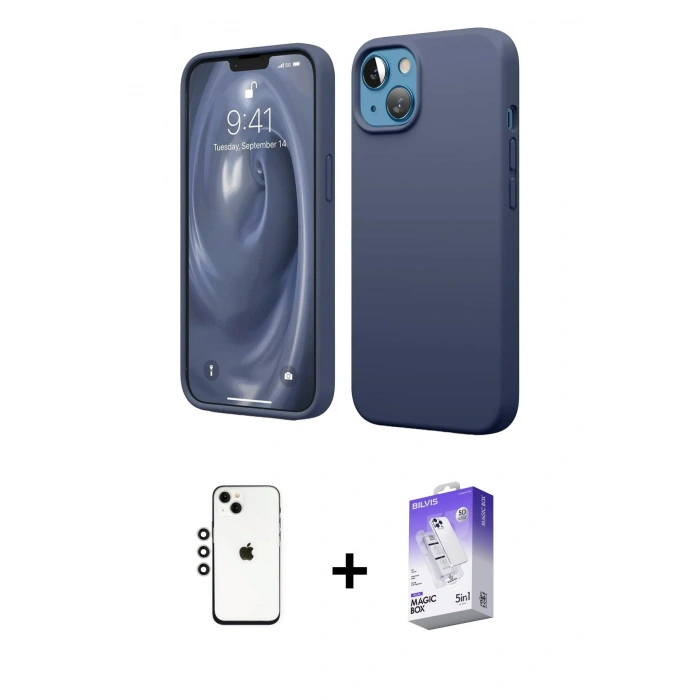 MARSİLYAN™- iPhone 14 Kılıf Kozmos Yansıma Özel Seri - Siyah Bilvis 5in1 3D Magic Cam Ekran Koruyucu + Shine Kamera Lens - GS