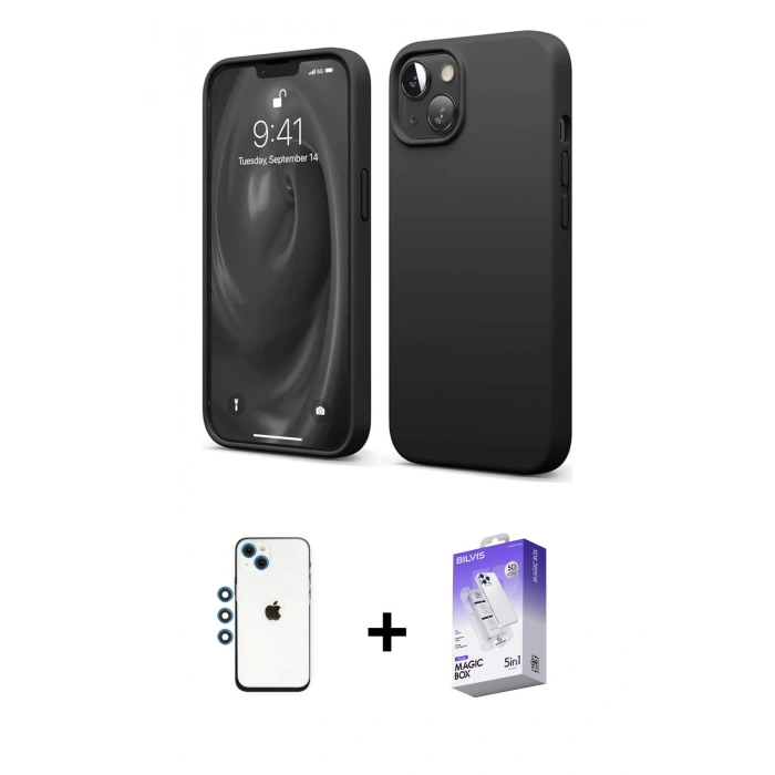 MARSİLYAN™- iPhone 14 Kılıf Kozmos Yansıma Özel Seri - Siyah Bilvis 5in1 3D Magic Cam Ekran Koruyucu + Shine Kamera Lens - MI