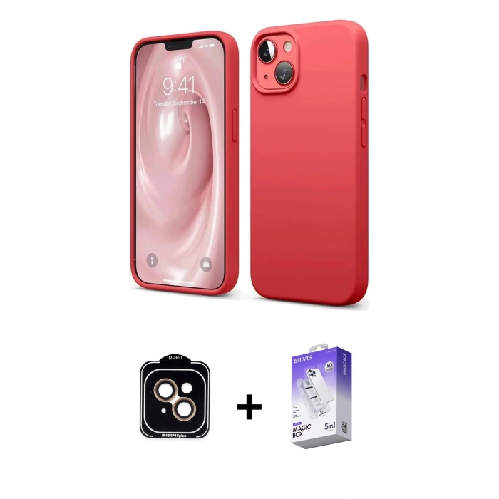 MARSİLYAN™- iPhone 14 Kılıf Kozmos Yansıma Özel Seri - Siyah Bilvis 5in1 3D Magic Cam Ekran Koruyucu + Turuncu PVD Metal Kamera Lens