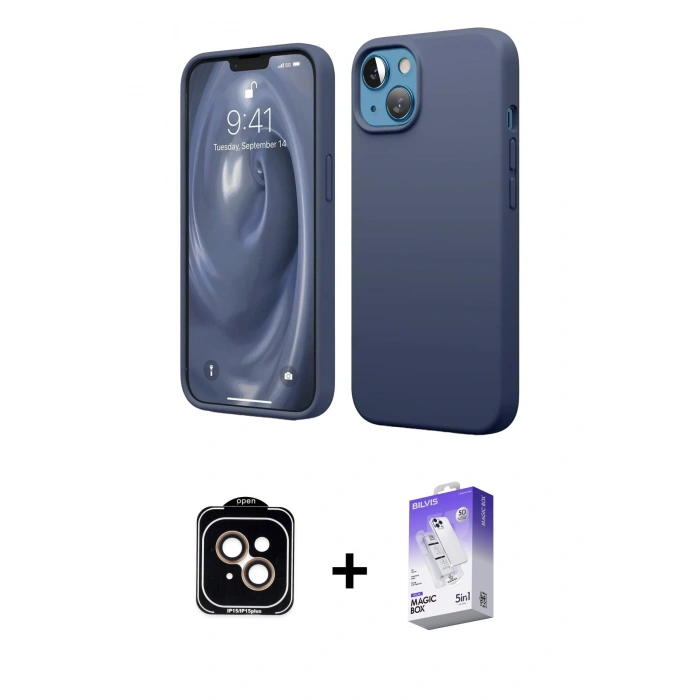 MARSİLYAN™- iPhone 14 Kılıf Kozmos Yansıma Özel Seri - Siyah Bilvis 5in1 3D Magic Cam Ekran Koruyucu + Turuncu PVD Metal Kamera Lens