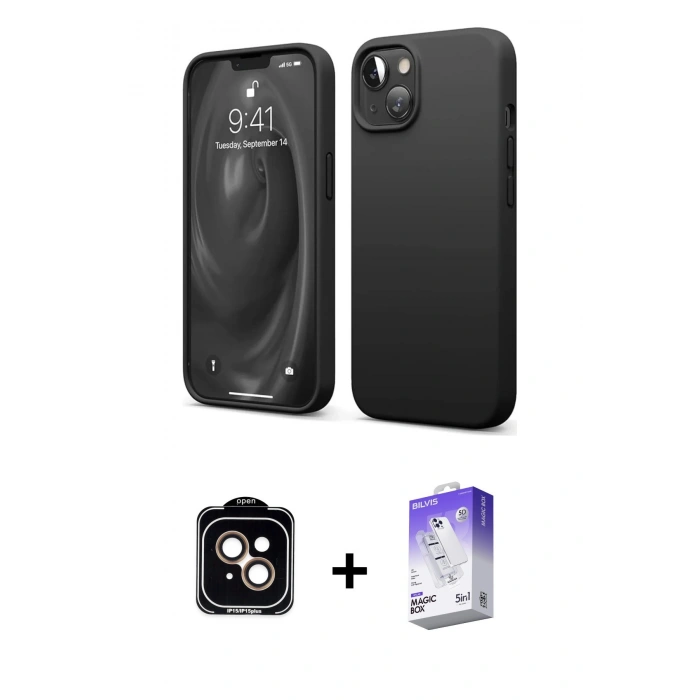 MARSİLYAN™- iPhone 14 Kılıf Kozmos Yansıma Özel Seri - Siyah Bilvis 5in1 3D Magic Cam Ekran Koruyucu + Turuncu PVD Metal Kamera Lens