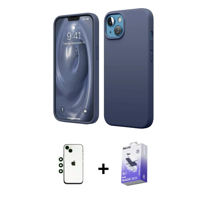MARSİLYAN™- iPhone 14 Kılıf Kozmos Yansıma Özel Seri - Siyah Bilvis 5in1 5D Magic Hayalet Cam Ekran Koruyucu + Shine Kamera Lens - YL